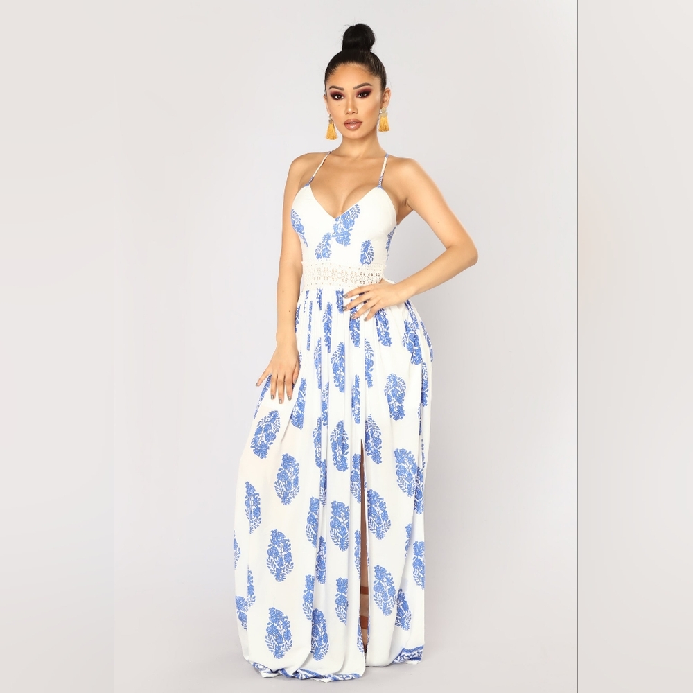 "Holy Slit"  Blue and White Maxi Dress- Fashion Nova